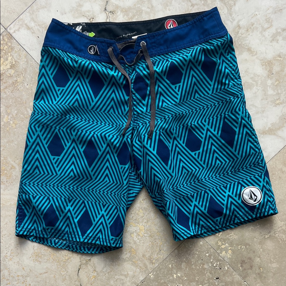 Volcom Teal and Navy Geometric Board Shorts Size 28 Waist